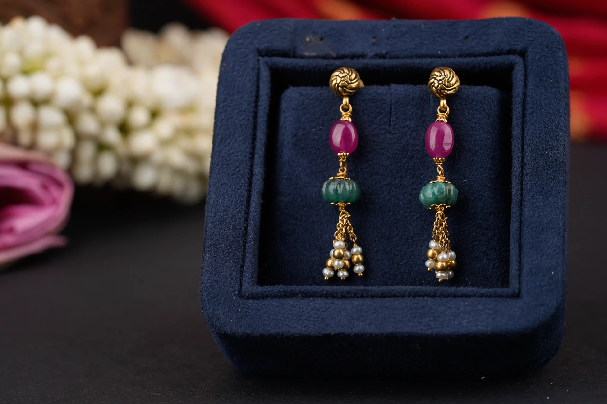 Pink & Green Beaded Dangle Earrings - Image 2