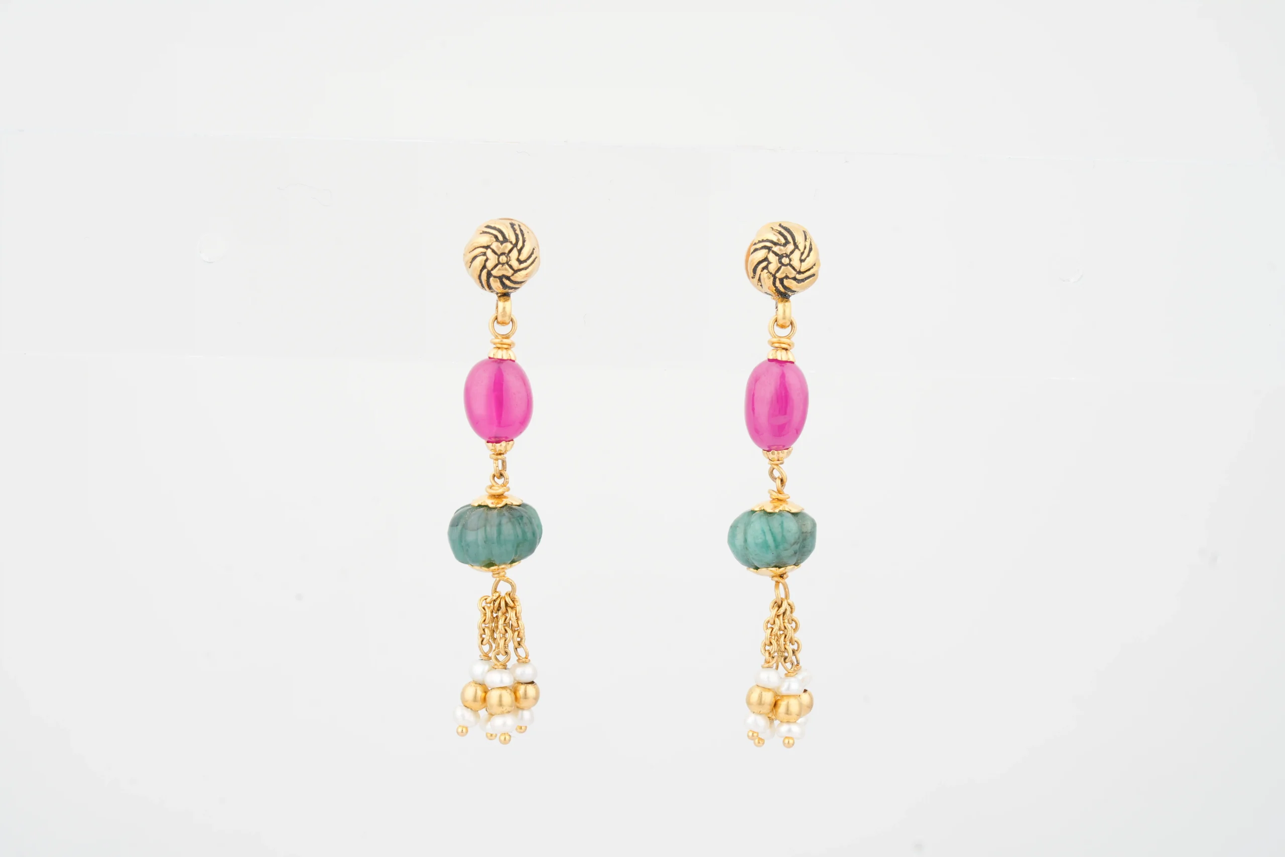 Pink & Green Beaded Dangle Earrings - Image 3